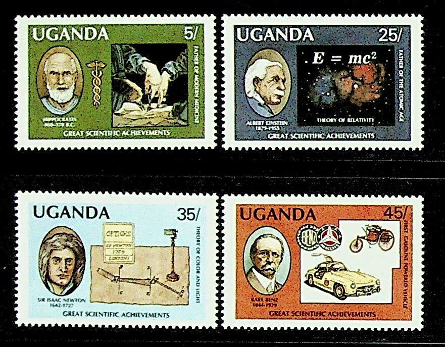 Uganda Great Scientific Achievements Newton Einstein Benz 4v Fine Mint Stamps