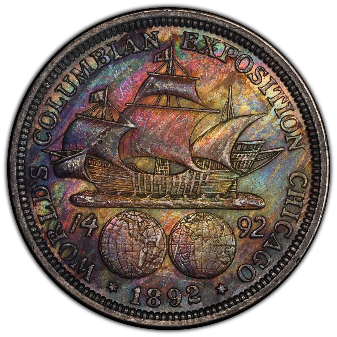 1892 50c Columbian Silver Commemorative Half Dollar. Monster Rainbow Toned! Wow!